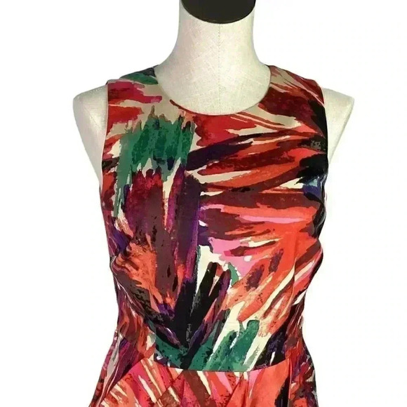 Ann Taylor Women 6 Abrstract Floral Cocktail Dress Multicolor Sleeveless Pleated - Picture 4 of 10